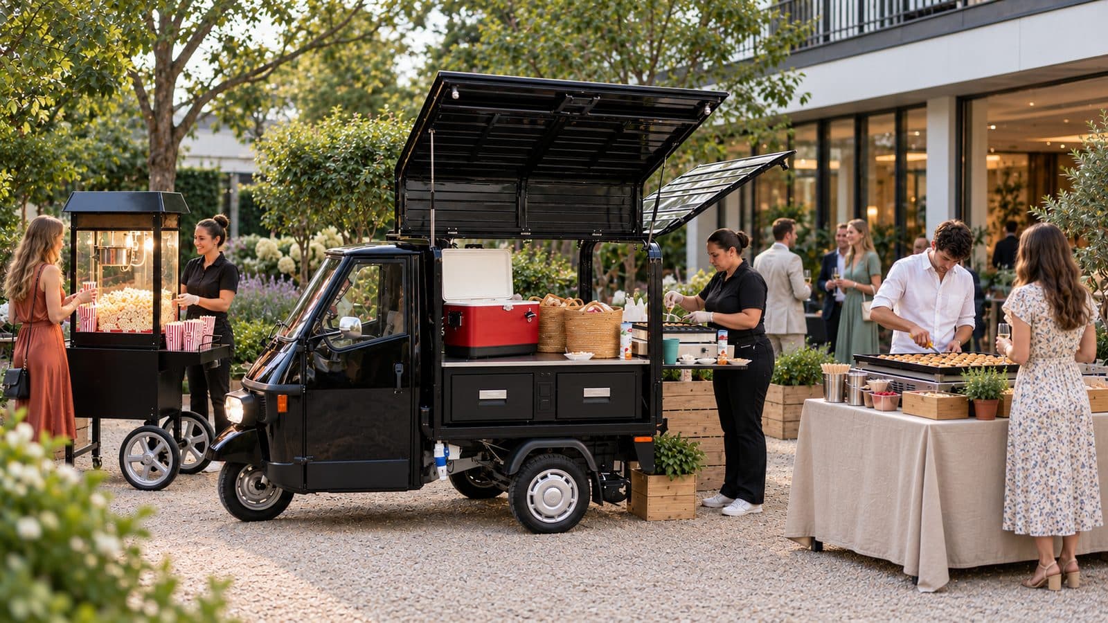 De Piaggio, een popcornkar en een buffet opgesteld in een tuin tijdens een receptie